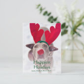 Erwachsener Weimaraner Hund, der rotes Feiertagspostkarte (Stehend Vorderseite)