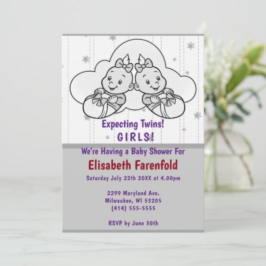 Erwartung von Twin Girls Cloud Baby Shower Gray Sh Einladung (Stehend Vorderseite)