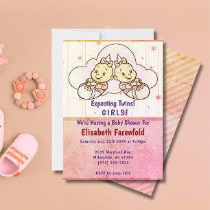 Erwartung von Twin Girls Cloud Baby Shower Retro Einladung