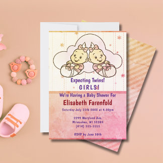 Erwartung von Twin Girls Cloud Baby Shower Retro Einladung