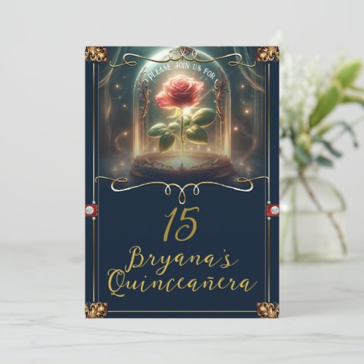 Erzählung so alt wie Zeit verzauberte Rose Quincea Einladung (Stehend Vorderseite)