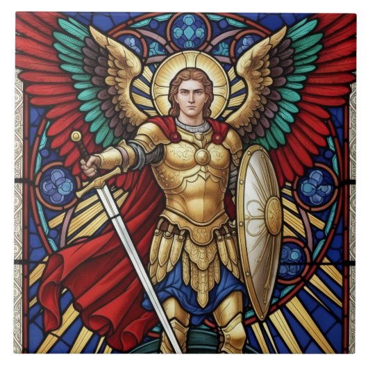 Erzengel Michael - Bunter Glasmalerei-Engel Fliese (Vorderseite)