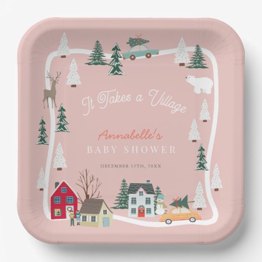 Es braucht ein Village Holiday Pink Baby Dusche Pappteller (Vorderseite)