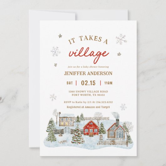 Es braucht eine Village Snowy Winter Baby Dusche Einladung (Vorderseite)
