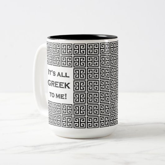 "Es ist alles Griechisch für mich" Schwarz & Weiß Zweifarbige Tasse (Vorderseite Links)