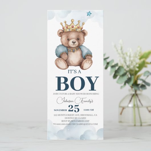 ES IST BOY Bear Baby Shower Einladung (Stehend Vorderseite)