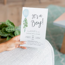 Es ist ein Baby Blue Balloon Eucalyptus Baby Showe Einladung