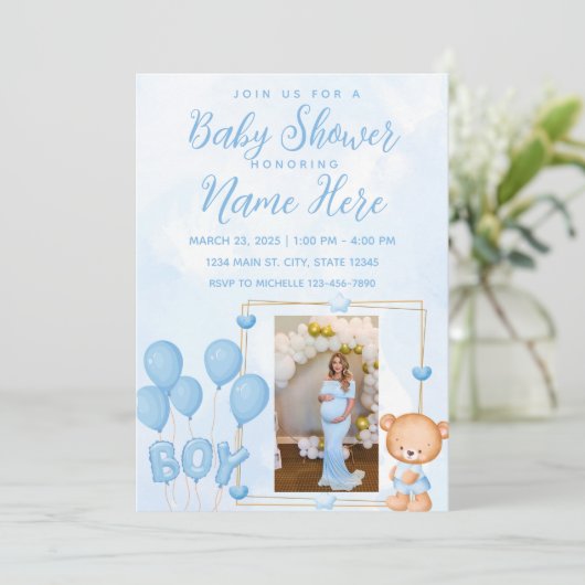 Es ist ein Baby Blue Gold Custom Foto Baby Shower Einladung (Stehend Vorderseite)