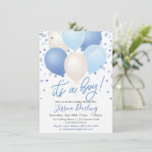 Es ist ein Baby-Dusche Blue Balloons und Confetti Einladung (Stehend Vorderseite)