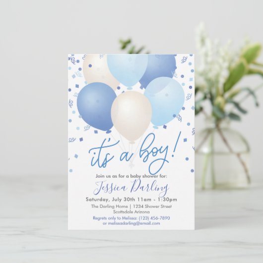 Es ist ein Baby-Dusche Blue Balloons und Confetti Einladung (Stehend Vorderseite)