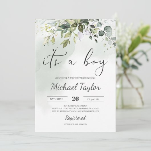 Es ist ein Baby-Dusche Einladung Grün Boho (Stehend Vorderseite)