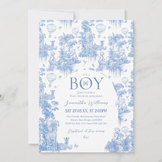 Es ist ein Baby Elegant Blue Toile Safari Baby Dus Einladung (Vorderseite)