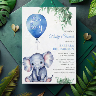 Es ist ein Baby Elephant Balloon Blue Baby Shower Einladung