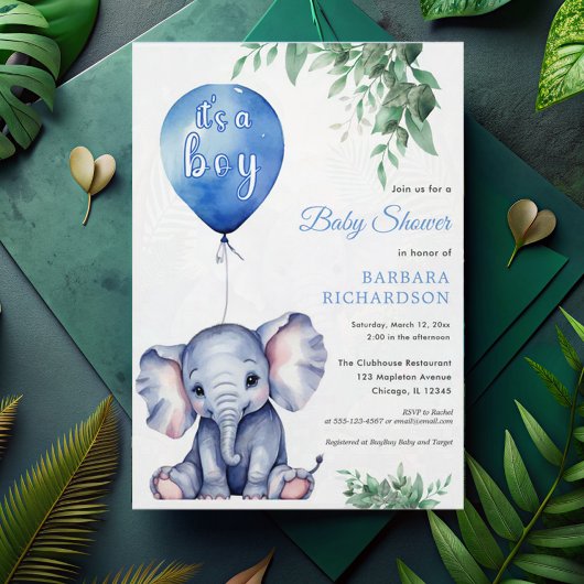 Es ist ein Baby Elephant Balloon Blue Baby Shower Einladung