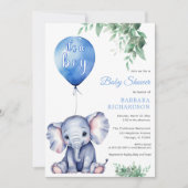 Es ist ein Baby Elephant Balloon Blue Baby Shower Einladung (Vorderseite)