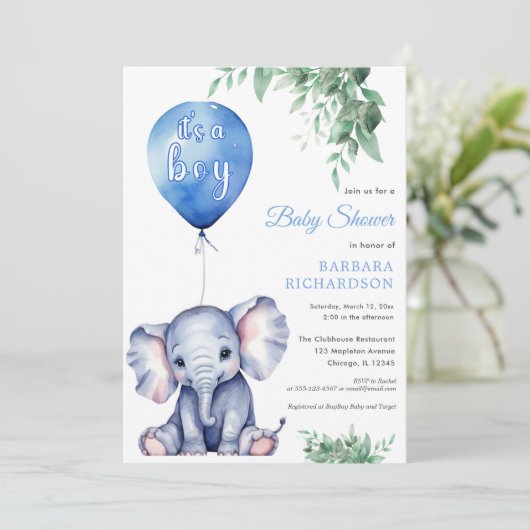 Es ist ein Baby Elephant Balloon Blue Baby Shower Einladung (Stehend Vorderseite)