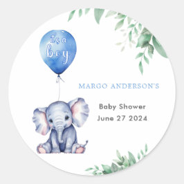 Es ist ein Baby Elephant Balloon Blue Baby Shower Runder Aufkleber