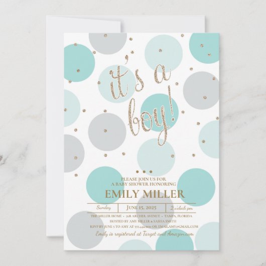 Es ist ein Baby - Graue, Türkis & Gold Baby Dusche Einladung (Vorderseite)
