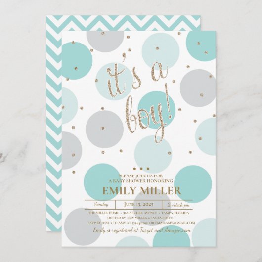 Es ist ein Baby - Graue, Türkis & Gold Baby Dusche Einladung (Vorne/Hinten)
