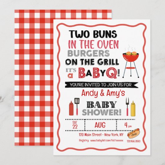 Es ist ein Baby Q für Zwillinge Einladung (Vorne/Hinten)