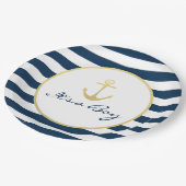 Es ist ein Baby Shower Nautical Navy Stripe Gold Pappteller (Schrägansicht)