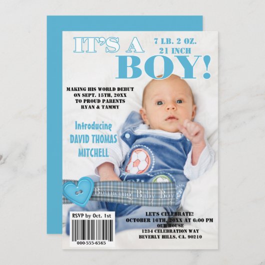 Es ist ein Bouncing Baby Boy Magazine Cover Einladung (Vorne/Hinten)