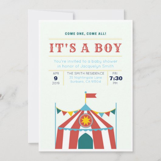 Es ist ein Boy Baby Shower Invitation Circus Einladung (Vorderseite)