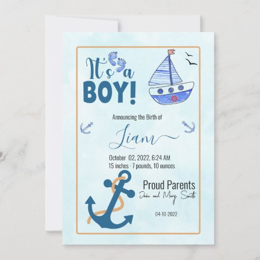Es ist ein Boy Birth Nautical Sailboat Anchor Ankündigung (Vorderseite)