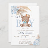 Es ist ein BOY Blue Pampas Grass Boho Teddy Bear B Einladung (Vorne/Hinten)