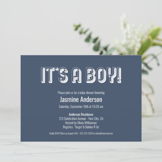 Es ist ein Boy Bold Modern Gray Minimalistisch Bab Einladung (Stehend Vorderseite)