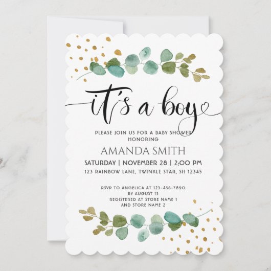 Es ist ein Boy Elegant Boy Eucalyptus Baby Shower Einladung (Vorderseite)