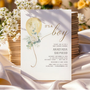 Es ist ein Boy Gold Ballon & Greenery Baby Dusche Einladung