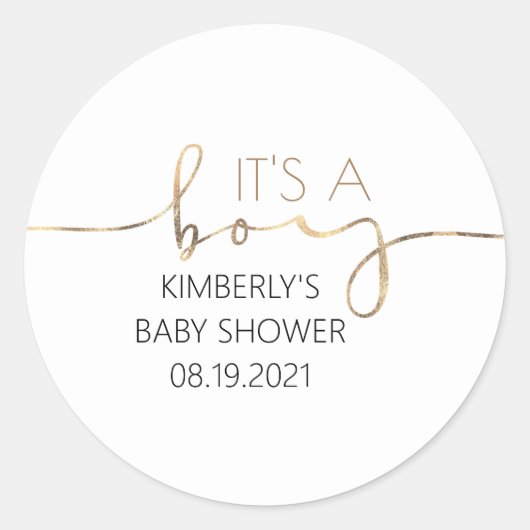 Es ist ein Boy Gold Script Baby Shower Classic Rou Runder Aufkleber (Vorderseite)