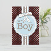Es ist ein Boy Ribbon & Bow Baby Dusche Blue Dots Einladung (Stehend Vorderseite)