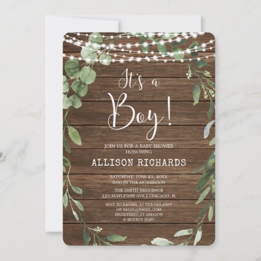 Es ist ein Boy Rustic Lichter Grünholz Babydusche Einladung (Vorderseite)