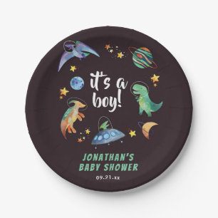 Es ist ein Boy Space Dinosaurier Galaxy Baby Showe Pappteller