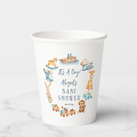 Es ist ein Boy Wooden | Babydusche aus gefülltem S Pappbecher (Rückseite)