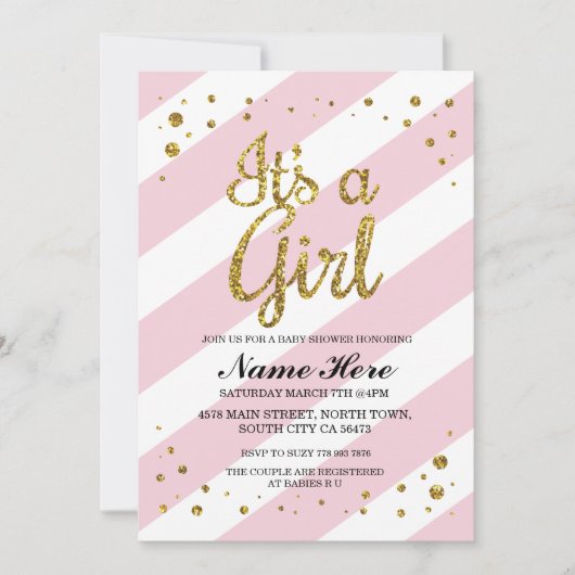 Es ist ein Girl Baby Dusche Pink Stripe Gold Einla Einladung (Vorderseite)