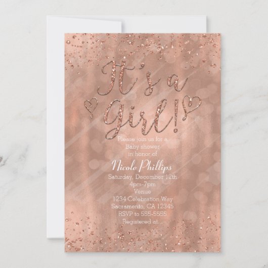 Es ist ein Girl Baby Shower Pink Rose Gold Glamour Einladung (Vorderseite)