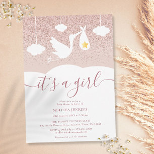 Es ist ein Girl Baby Shower Stork Rose Gold Glitze Einladung