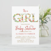 Es ist ein GIRL-Blumenalphabet Skript Babydusche Einladung (Stehend Vorderseite)