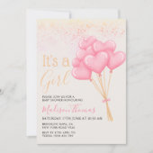 Es ist ein Girl Blush Pink Heart Balloons Baby Dus Einladung (Vorderseite)