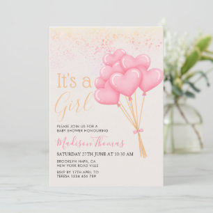 Es ist ein Girl Blush Pink Heart Balloons Baby Dus Einladung