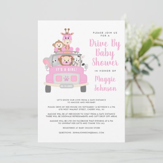Es ist ein Girl Drive By Safari Pink Baby Dusche Einladung (Stehend Vorderseite)
