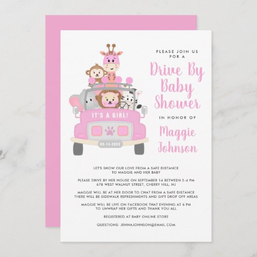 Es ist ein Girl Drive By Safari Pink Baby Dusche Einladung (Vorne/Hinten)