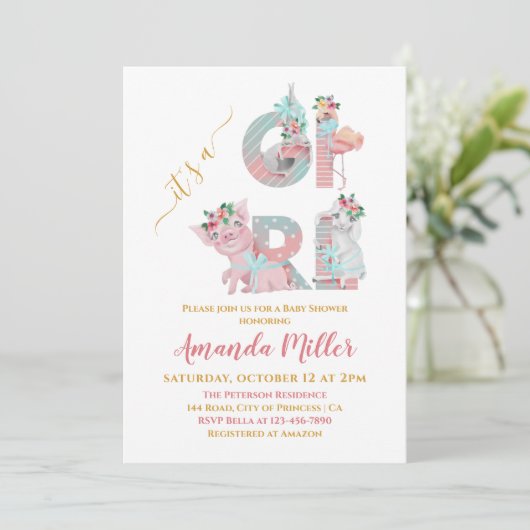 Es ist ein Girl Hübsch Animal Letters Baby Shower Einladung (Stehend Vorderseite)