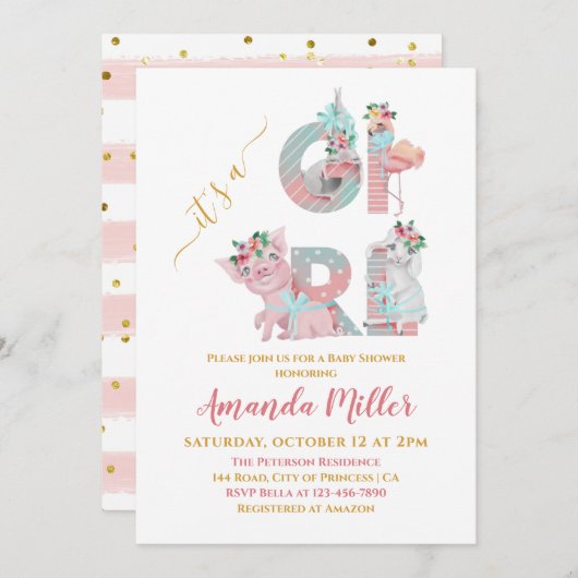 Es ist ein Girl Hübsch Animal Letters Baby Shower Einladung (Vorne/Hinten)