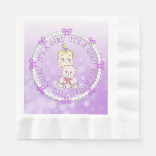 Es ist ein Girl Lila Baby and Teddy Bear Baby Show Serviette