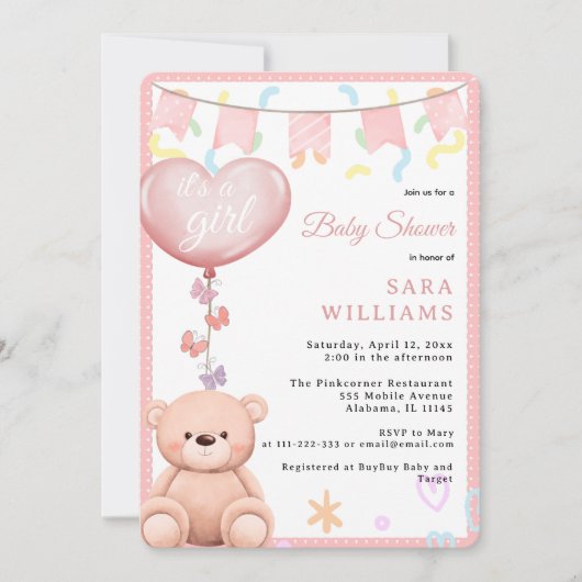 Es ist ein Girl Pink Ballon CutTeddy Bären Babydus Einladung (Vorderseite)