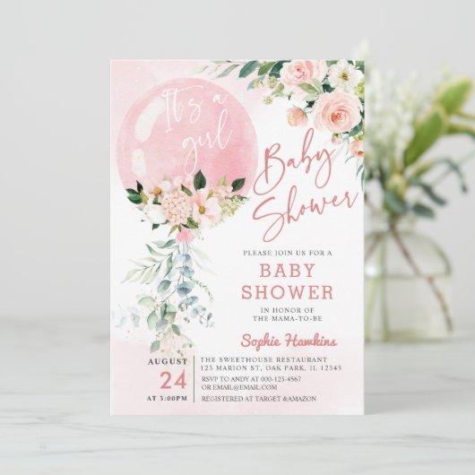 Es ist ein Girl Pink Balloon Eucalyptus Baby Showe Einladung (Stehend Vorderseite)